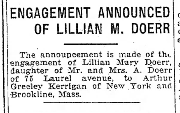 Doerr, Lillian M. 1921. Engagement to Arthur Kerrigan