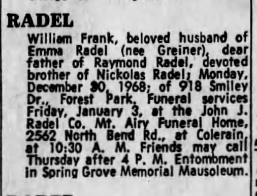 William Radel Obituary 1969