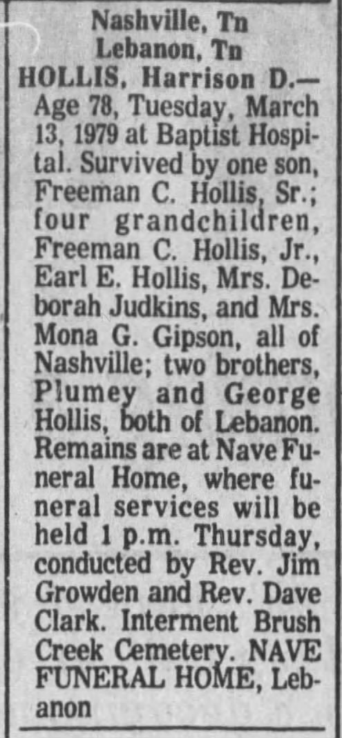 Hollis Harrison Obituary 1979