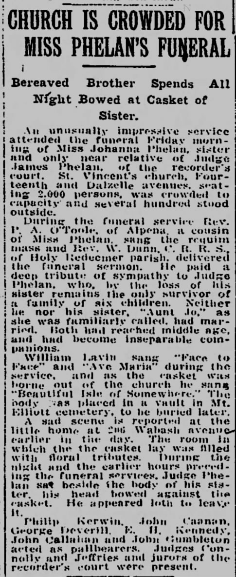 Johanna Phelan Funeral Services 1914