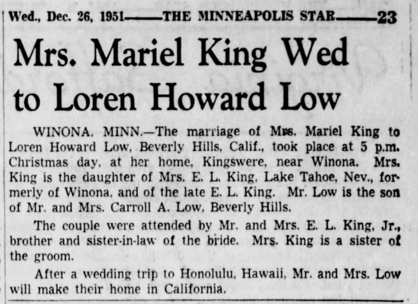 Mariel King Loren Low Marriage 1951