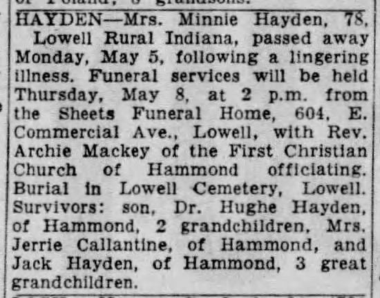 Minnie Shirley Hayden Obituary 1958
