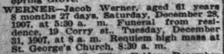 Jacob Werner Obituary 1907