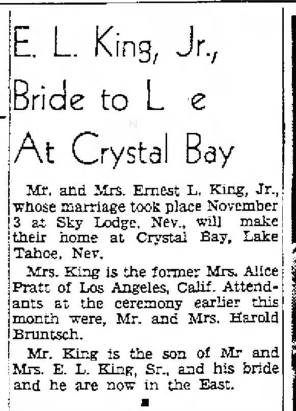 Alice Low Pratt And EL King Jr Marriage 1948