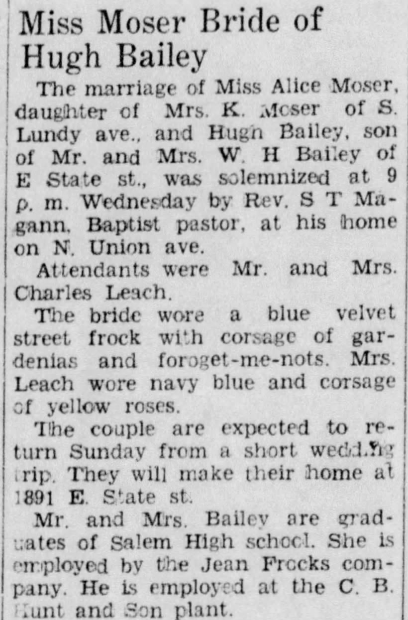 Moser Bailey Marriage 1940