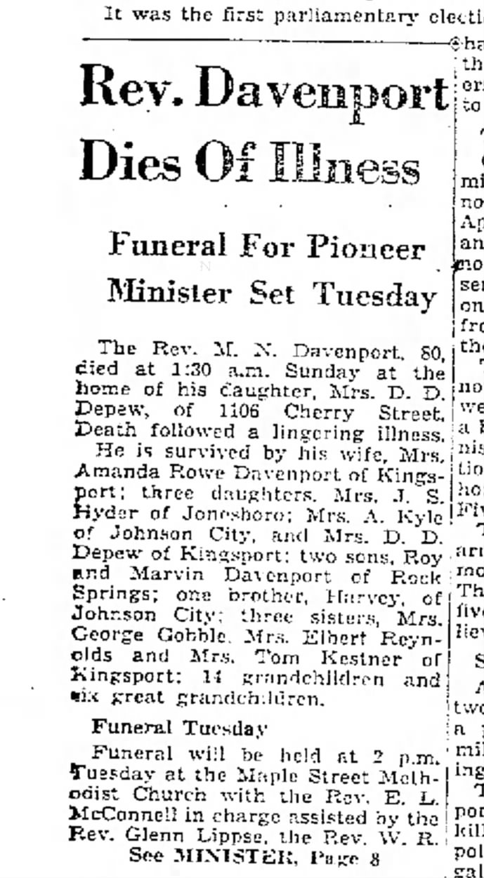 Lelia Davenport's father M N Davenport Obituary Part 1