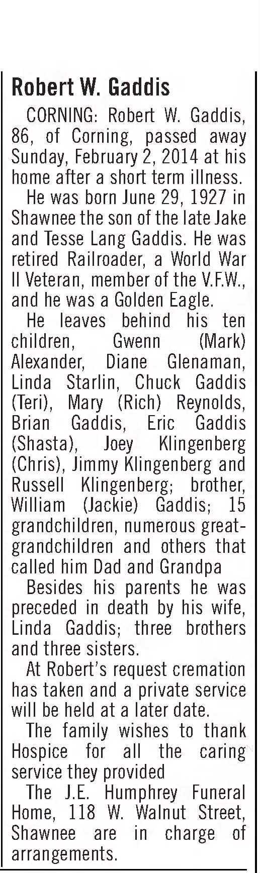Obituary - Gaddis, Robert