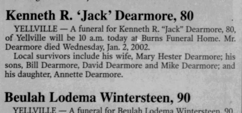 Obituary - Dearmore, Kenneth pg 2 col 1