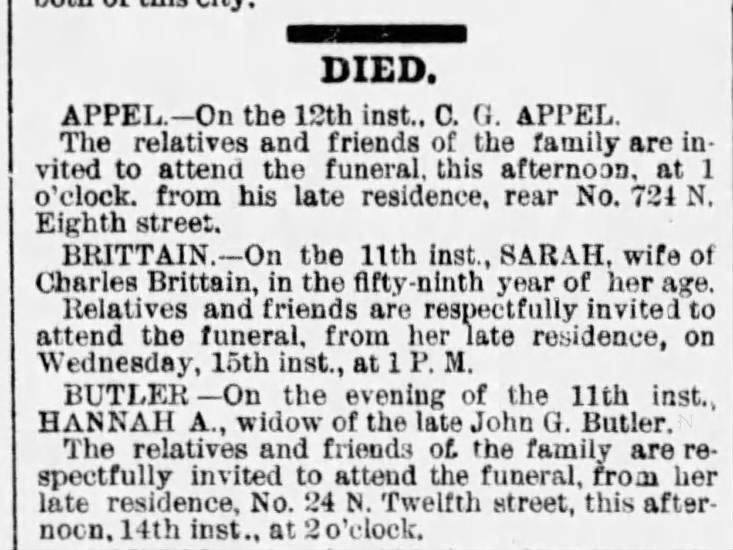 Sarah Brittain death notice (1882)