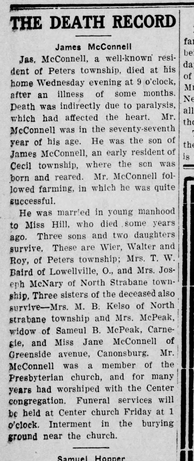 James McConnell obituary (1909)