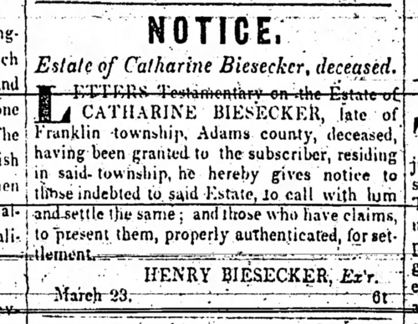 Estate of Catharine Biesecker,23 Mar 1846, Henry Biesecker