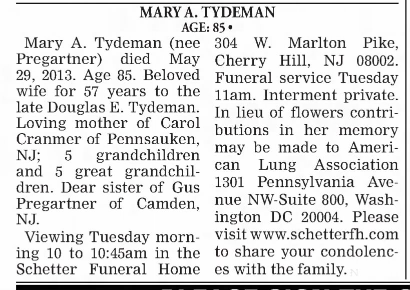 Mary A. (Pregartner) Tydeman Obituary