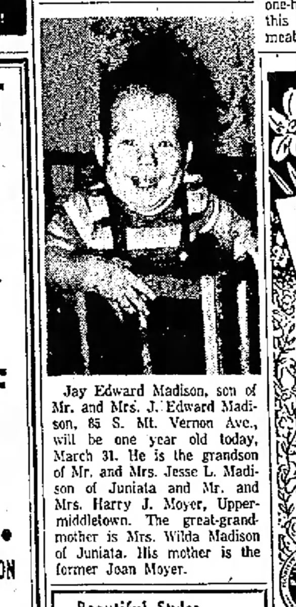 morning herald 3/31/1958 - Jay Edward Madison 1 year old. M