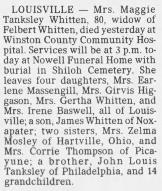 Obituary for Maggie Tanksley Whitten