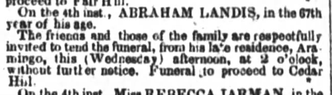 Abraham Landis ~ Death 04 Jun 1854