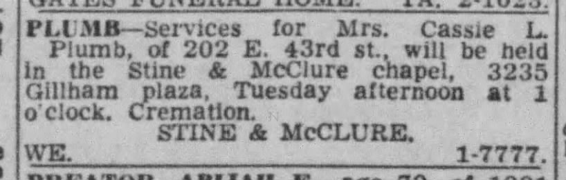 Cassie L. Plumb - Funeral service
Kansas City Times, 20 Feb 1962