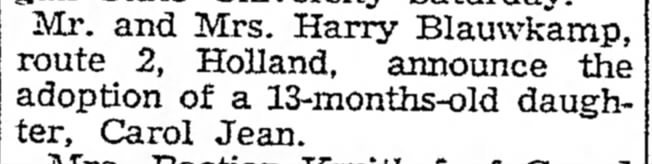 Harry Blauwkamp adopt Carol Jean, 13 mth Nov 1955