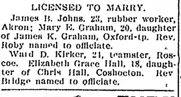 Ward Kirker to marry Elizabeth Grace Hall 1912