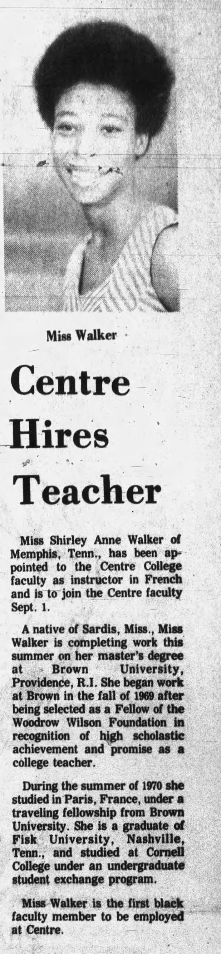 Shirley Anne Walker hired as French Professor at Centre College.