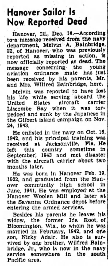Death Notice for Melvin Bainbridge in World War II