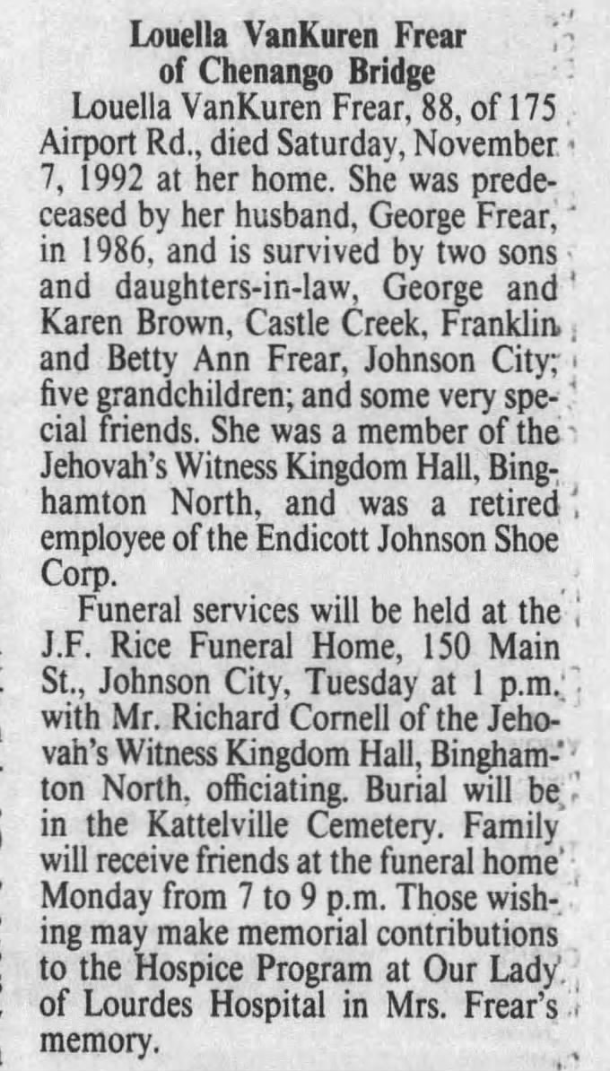 VanKuren, Louella Brown Frear Obituary