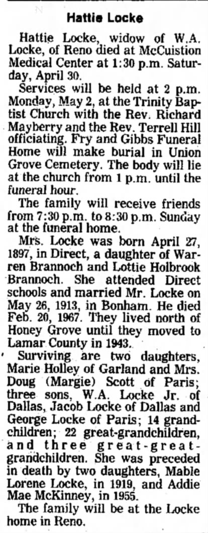Hattie E. Holbrook Locke - grandmommy
Paris News 1 May 1988