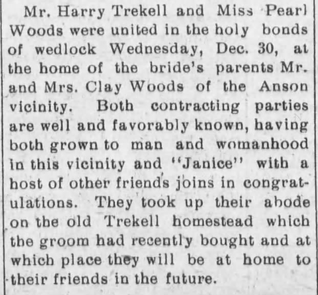 Mr. Harry Trekell and Miss Pearl Woods (sic) marriage announcement