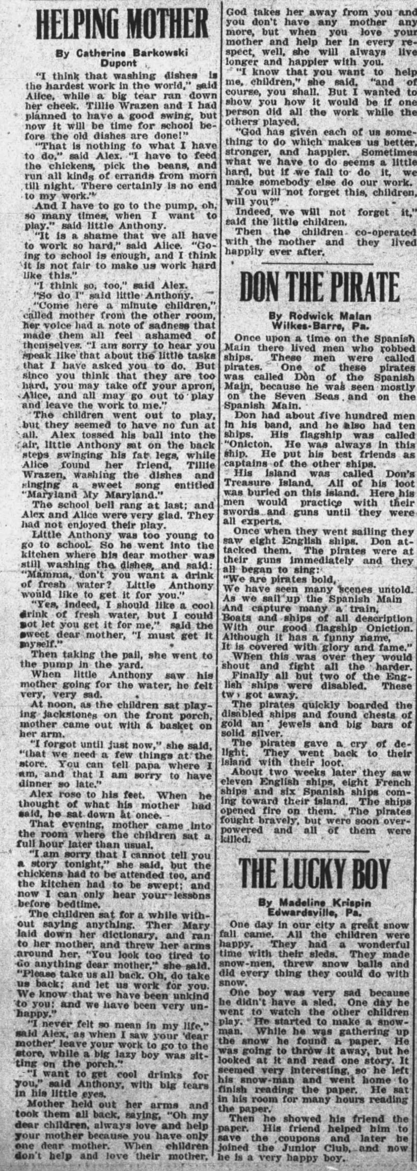 Wilke-Barre Evening News 18 Feb 1928
Catherine Barkowski