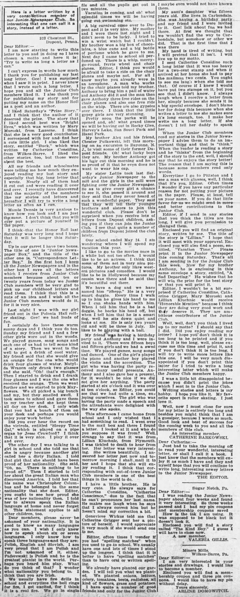 Kay's super long letter in the Junior Newspaper 9 Jun 1928