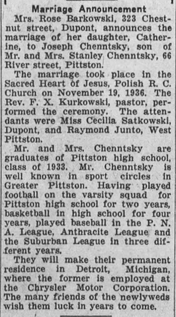 Wilkes-Barre Times Leader 25 Nov 1936
Wedding annoucement
