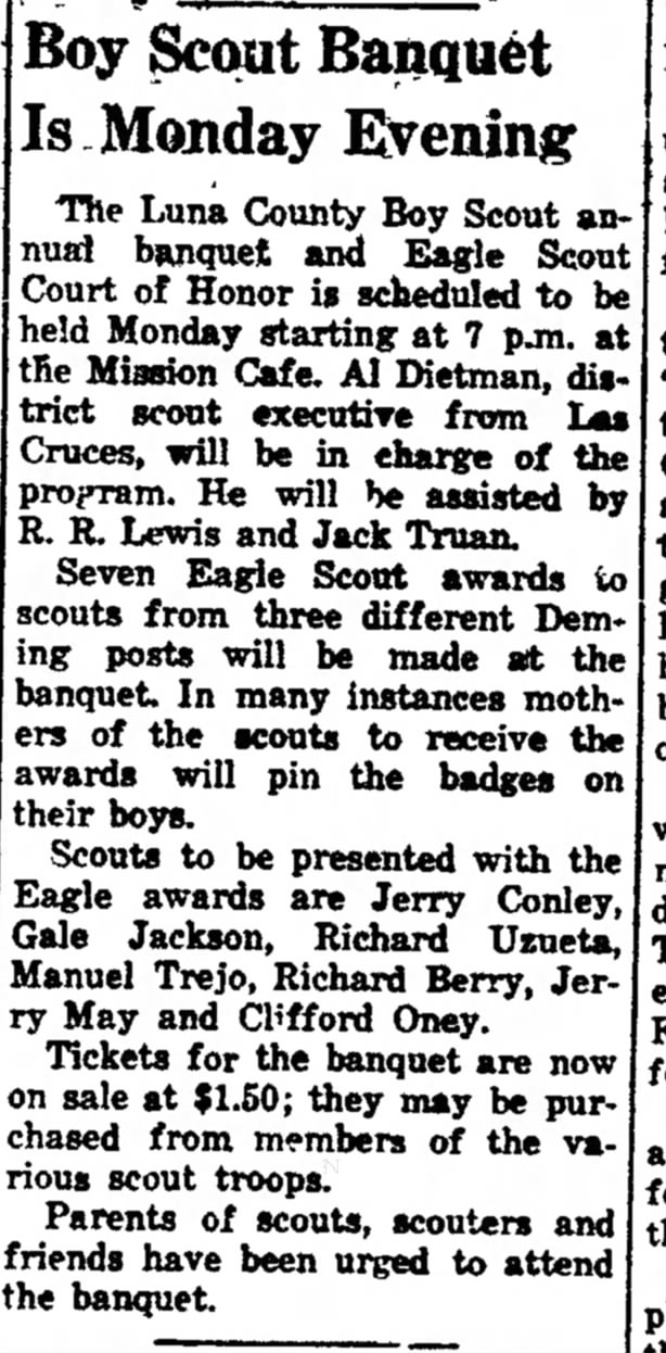 Boy Scout Banquet, Jack Truan mentioned Feb 1953