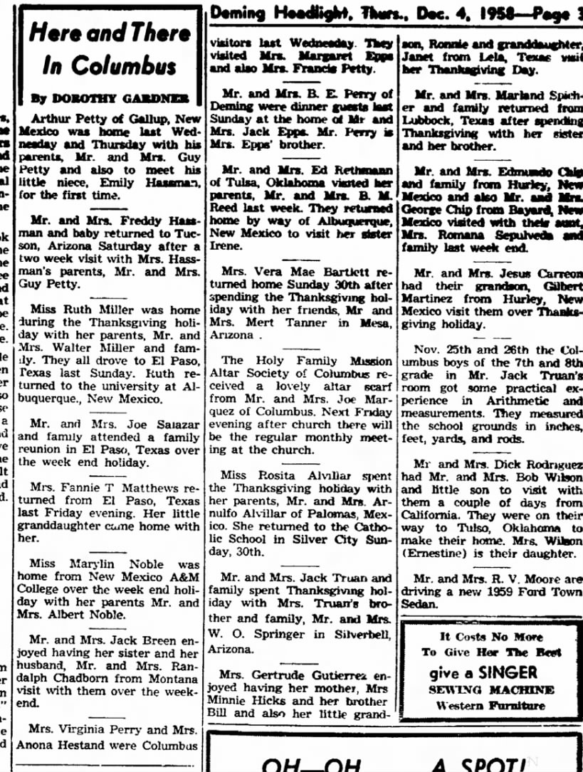 "Here and There in Columbus" mentions Jack Truan and Truan family December 1958