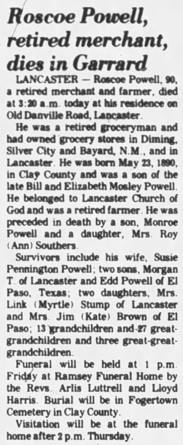 Obit: Roscoe Powell The Advocate-Messenger, (Danville, Kentucky) May 1981