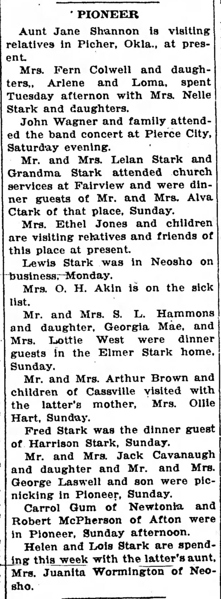 Helen and Lois Stark mentioned in Pioneer News in The Neosho Times, Neosho, Missouri, 11 June 1931