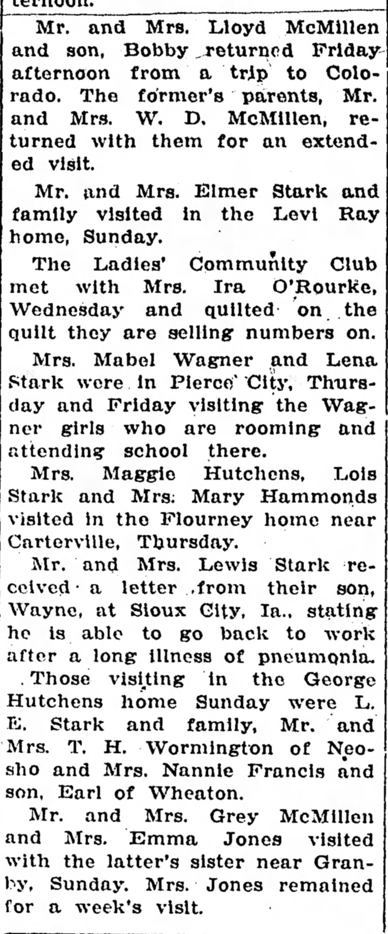 Pioneer news with Stark and McMillen names mentioned. 12 Nov 1932, Neosho, Missouri newspaper.