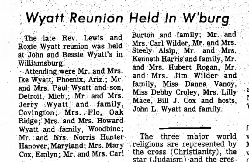 Wyatt Reunion held in Williamsburg, 1972