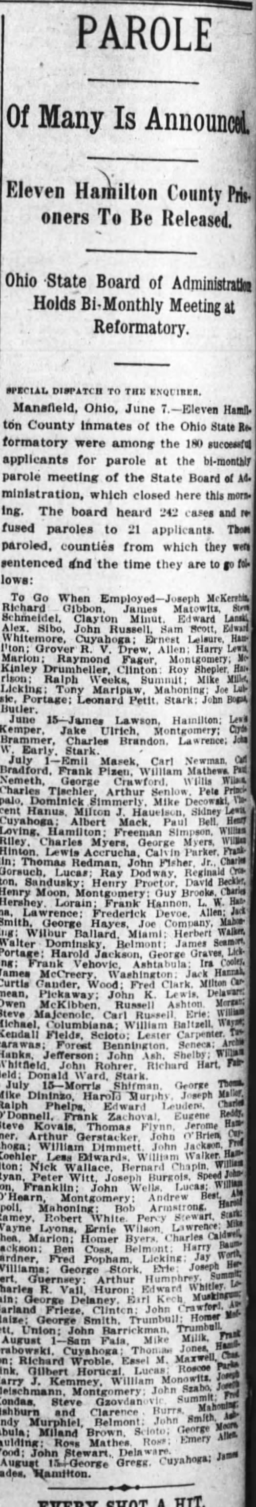 Listing of Parole, Donald Ward mentioned. 8 June 1916