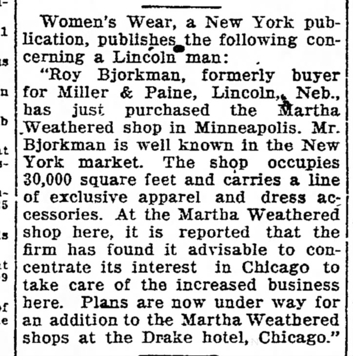 Roy Bjorkman, purchases the Martha Weathered shop in Minneapolis, Minnesota 31 March 1924