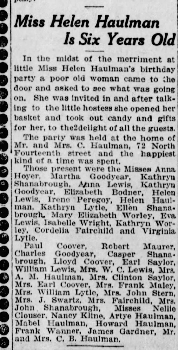 Helen Haulman, sixth birthday, February 1912, Harrisburg, Pennsylvania.