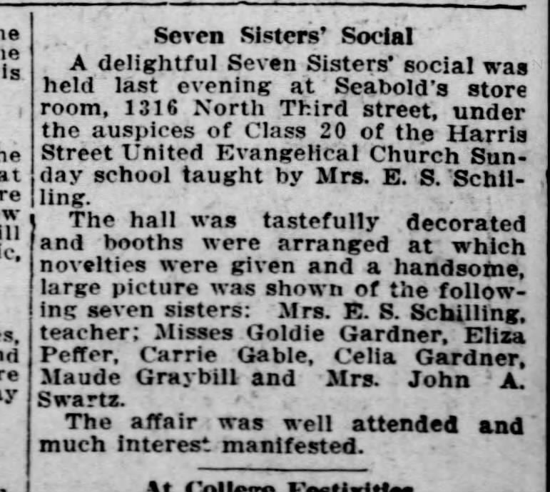 Seven Sisters' Social; with Celia Gardner and Goldie Gardner mentioned.