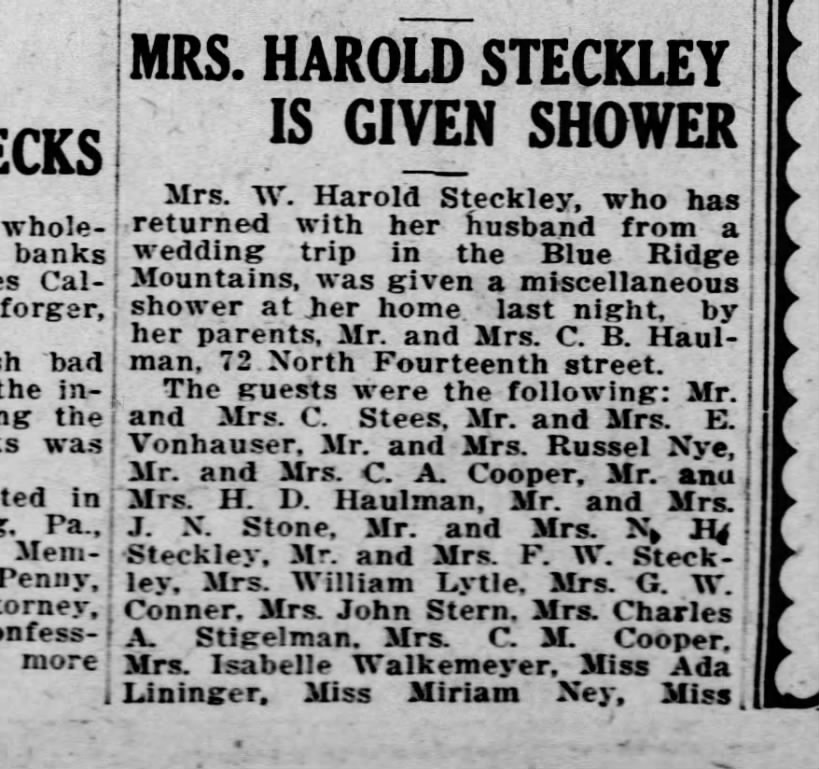 Mrs. Harold Steckley given shower, Harriburg, Pennsylvania, June 1924.