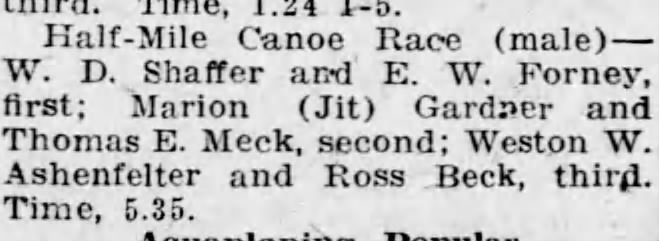 Marion "Jit" Gardner second in Half-Mile Canoe Race, Harrisburg, Pennsylvania, 1919