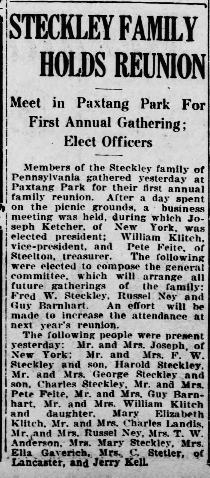 Steckley Family First Annual Reunion.  Election of Officers. 1921