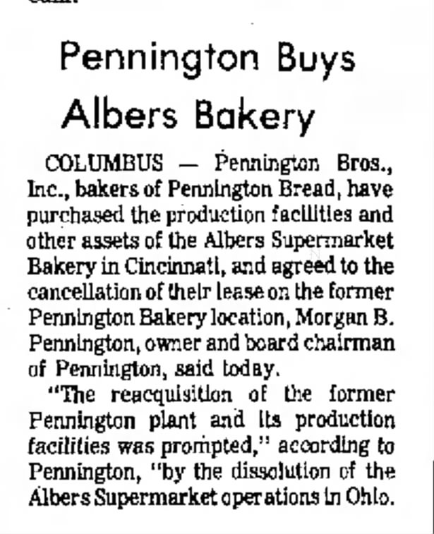 Morgan B. Pennington, Pennington Brothers, Inc., buys Albers Bakery. 1974