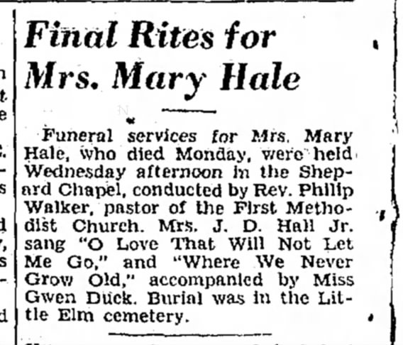 Final Rites for Mrs. Mary Hale March 1945, Denton Record-Chronicle, Denton, Texas March 1945