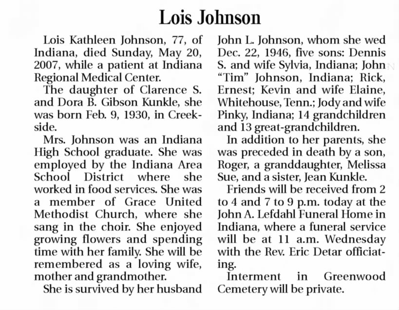 Lois K Kunkle obituary