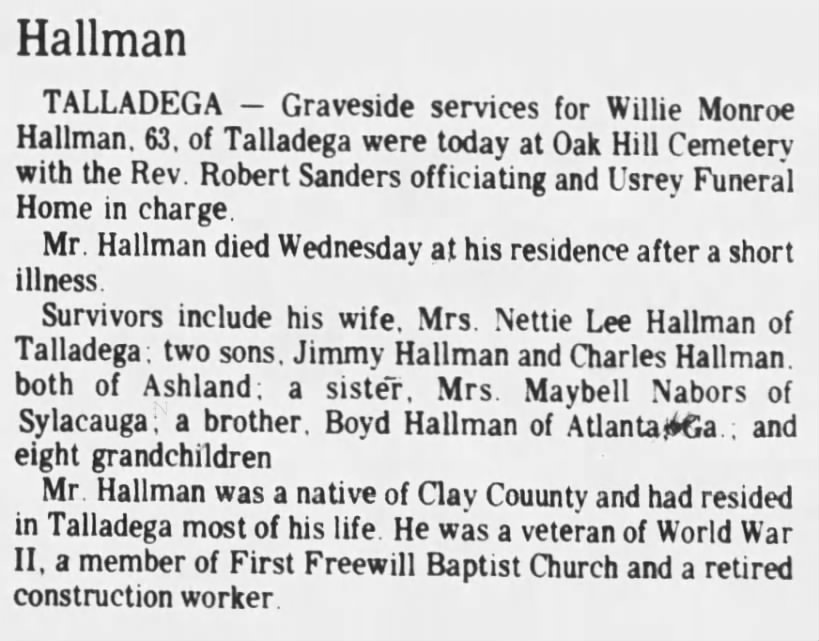 Willie Monroe Hallman Obituary