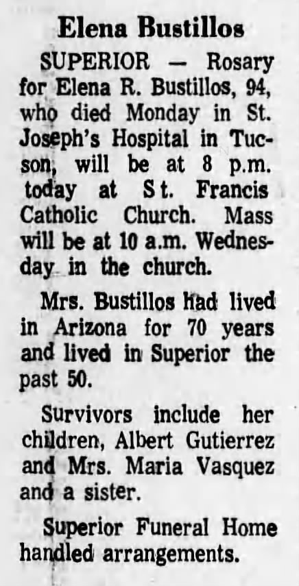 Arizona Republic Mar 9, 1976
Elena Ramirez obituary