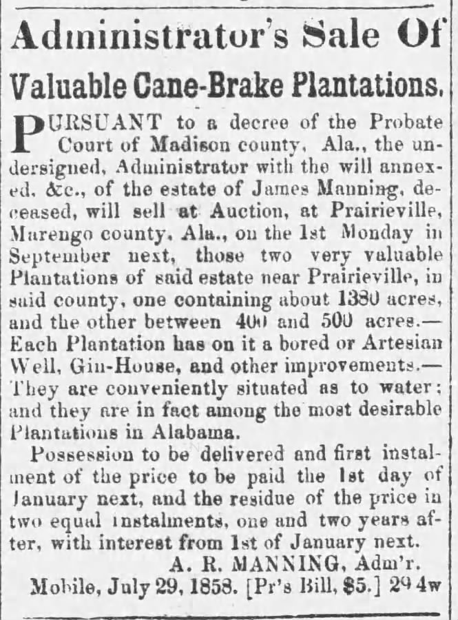1858 Manning plantation sale