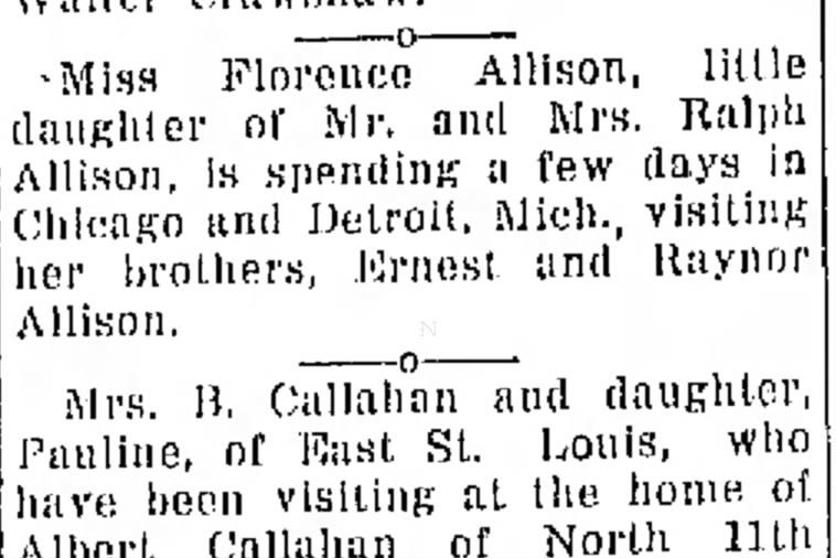 Florence Allison visits Michigan
Daily Independent
M'boro
21 Aug 1926
p 3